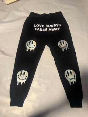 Black Jogger Pants with Holographic Smiley Graphics